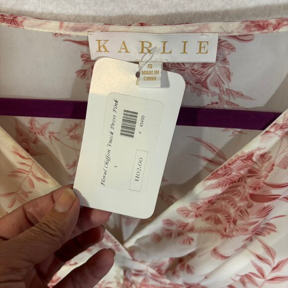 NWT KARLIE Floral Chiffon Cream Light Pink Dress Mini Ruffle Tier Women's Size S - Picture 4 of 8